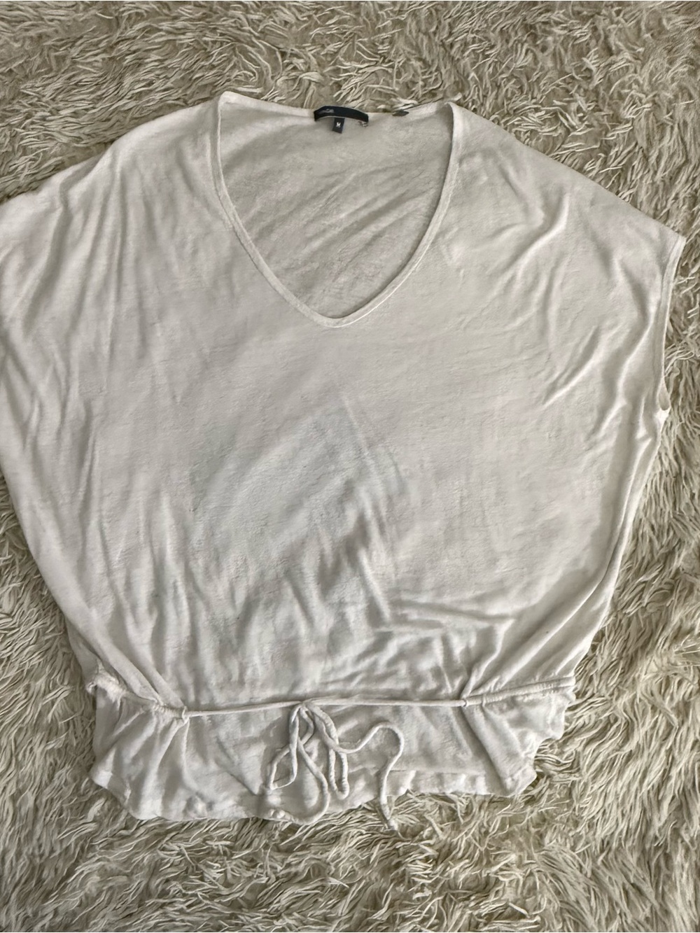 Vince Cream V-Neck Drawstring Tunic Blouse